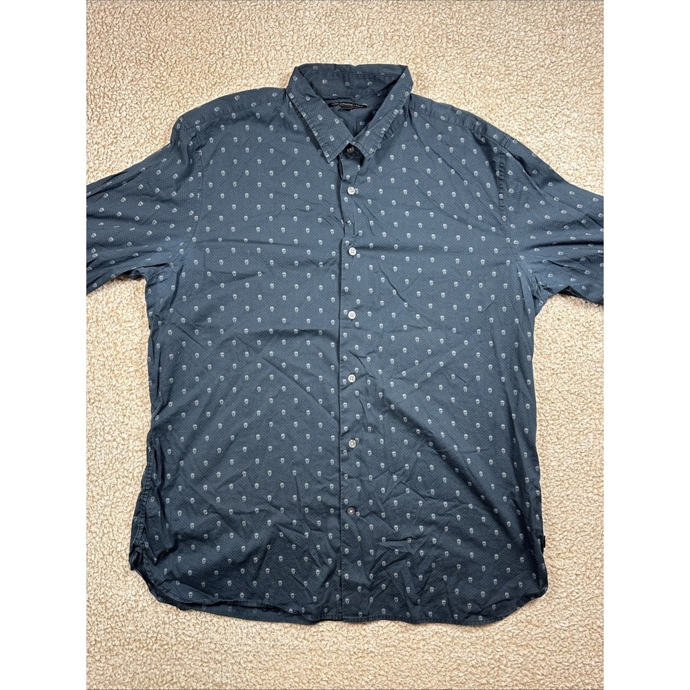John Varvatos Shirt Mens XL Navy Blue Skull AOP Button Up Short Sleeve Casual